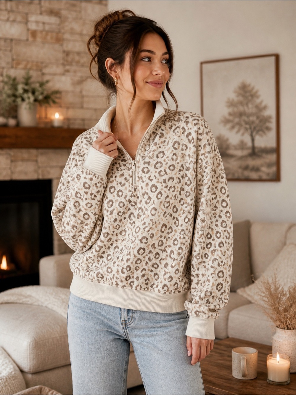 Aerie - Cream - Leopard Print Quarter Zip Sweatshirt - XS
